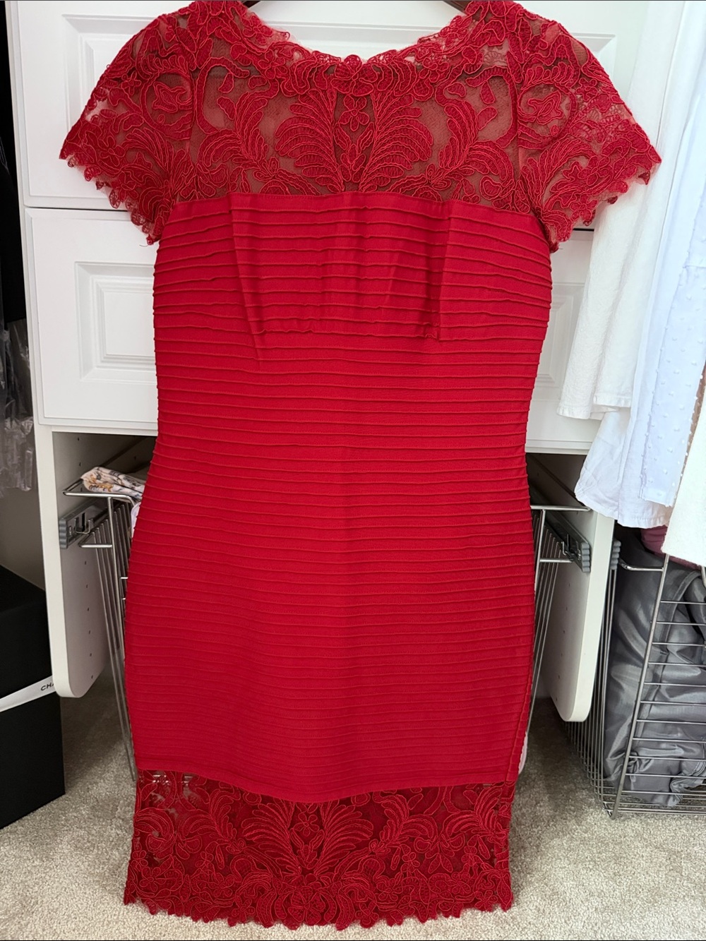 Tadashi Shoji Red Lace-Yoke Midi Sheath Dress